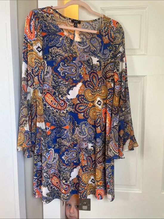 MSK Dresses & Skirts - Lush Blue Paisley Long-Sleeve Bell Tunic Dress with Orange and Gold Accents